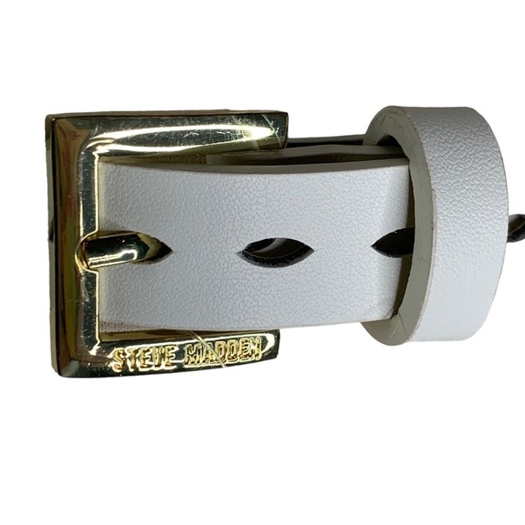 Steve Madden 1” Wide White Leather Belt with Gold Bucket Size Large 34”-38” New - Picture 7 of 11